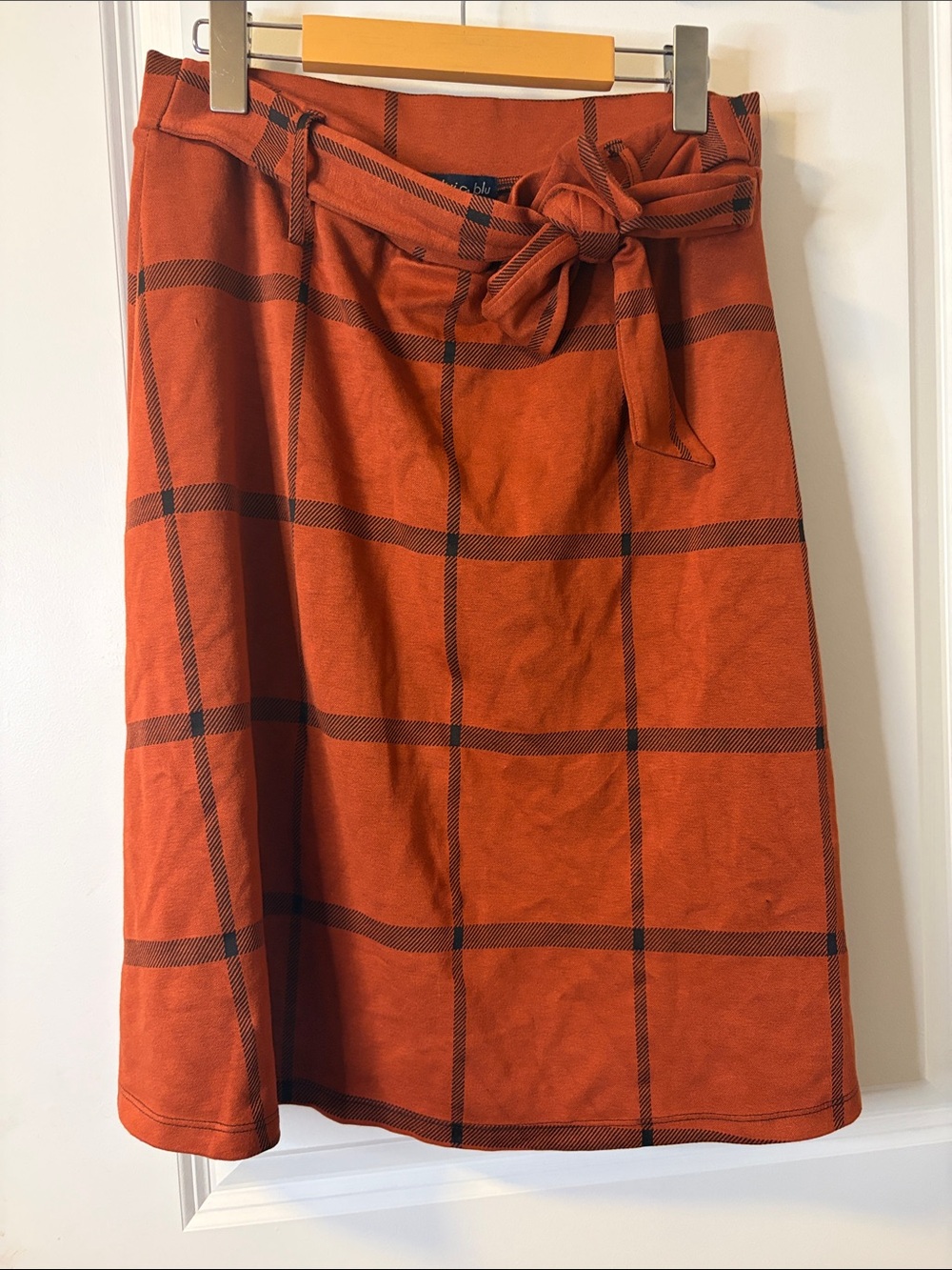 Tie-Waist A-Line Plaid Skirt in Rust Orange
